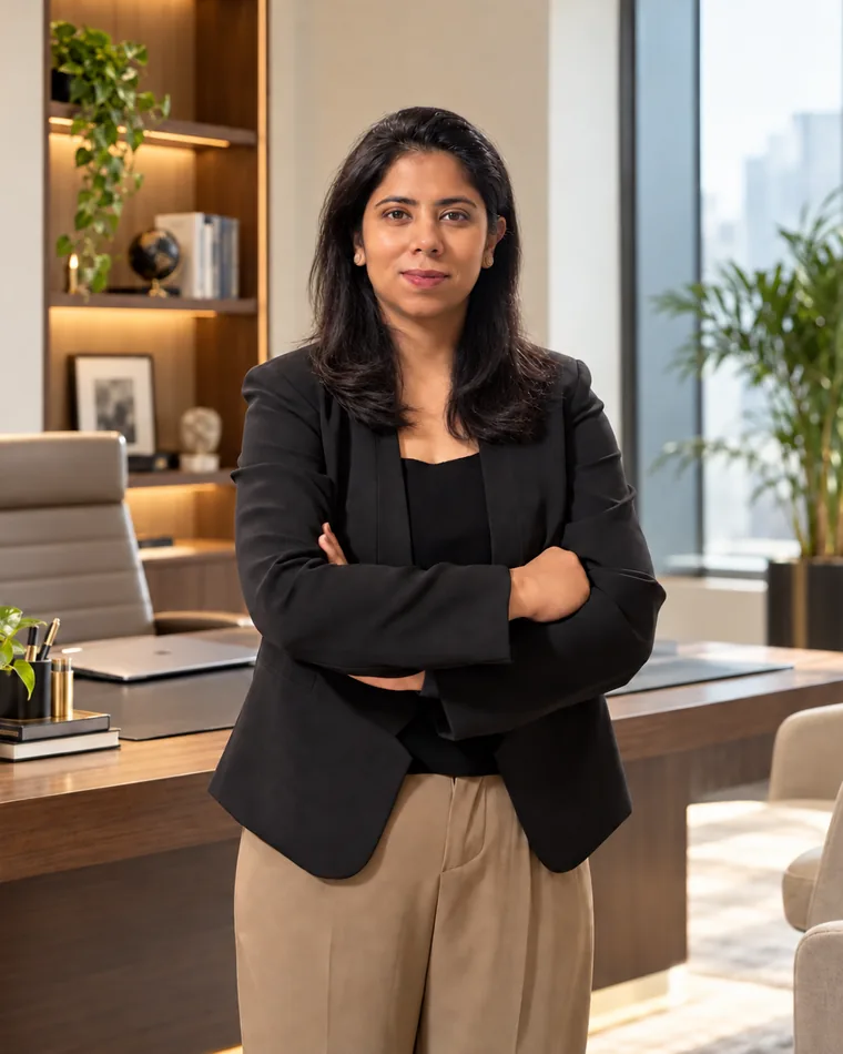 Chandni Sharma standing with her arms folded in her office, beside her desk, bookshelves and a window
