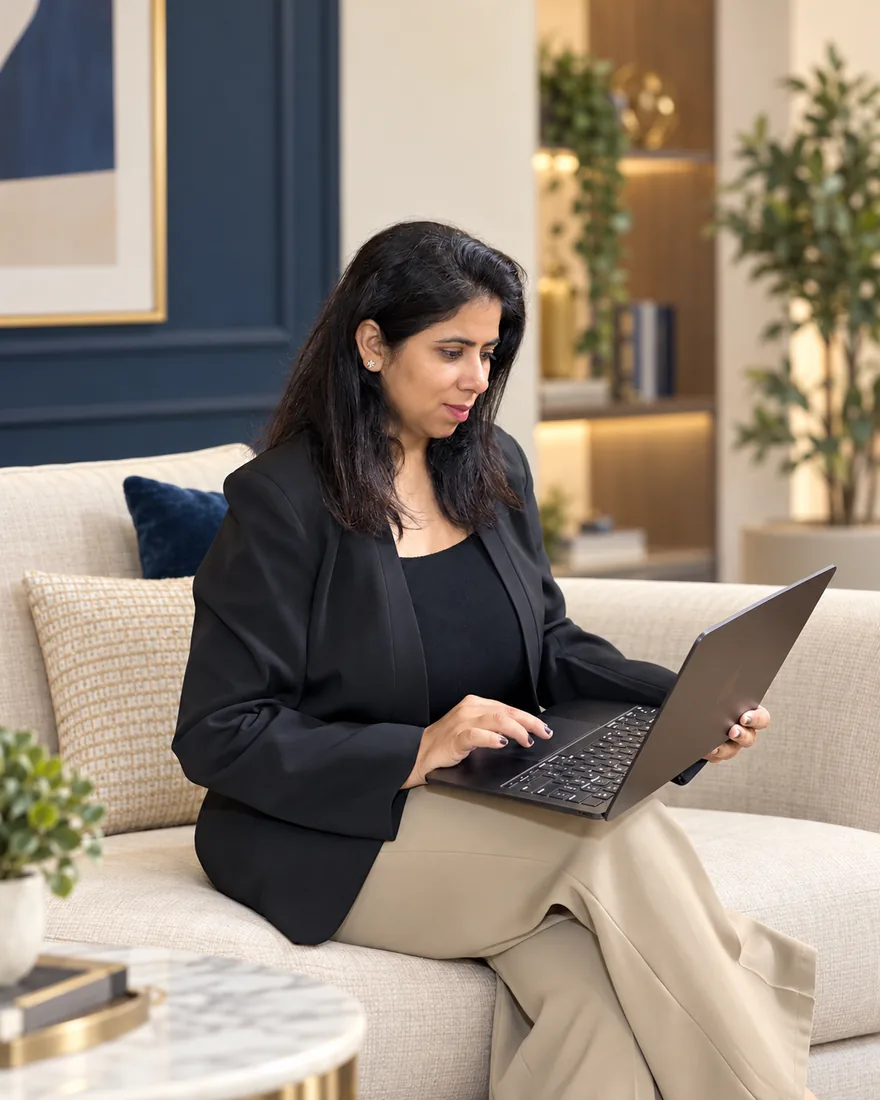 Chandni Sharma working on a laptop, seated on a sofa in her office